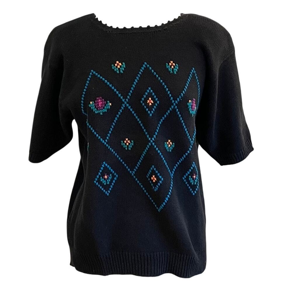 Vintage Radcliffe II by Sag Harbor Black Short Sleeve Embroidered Sweater, 20W